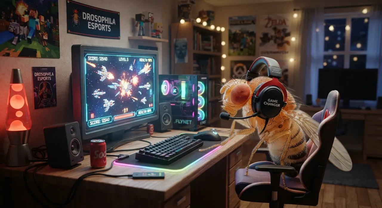 Ilustração de uma mosca jogando no computador